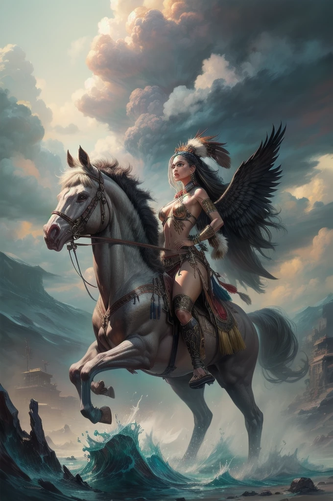 ((Tribal maiden)) amidst the remnants of an ancient civilization, facing a turbulent storm, swirling clouds, dynamic composition, painterly details, fantasy realism, captivating and dark ambiance."