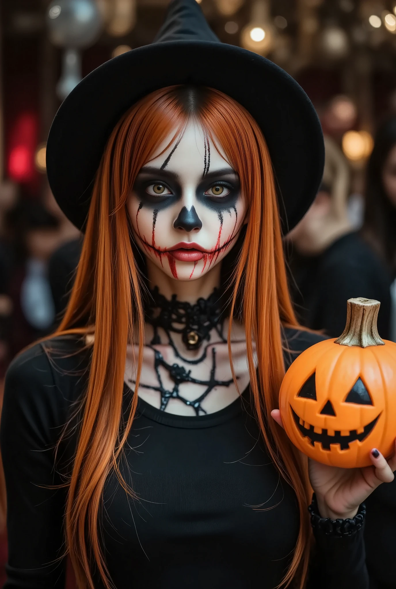 portrait, photo of Japanese girl, focus on the eyes, 1girl, long hair, orange hair, slim body shape, high contrast, detailed eyes, detailed hair, Position your eyes closer to your nose, 20yo, 

perfectly intricate detailed zombie make up, scar and stitches make up, wearing black cape with bats printed on it over orange top, witch hat on head, gothc, enjoying sombi make-up at party venue, howling eerily holding a glowing jack-o-lantern,