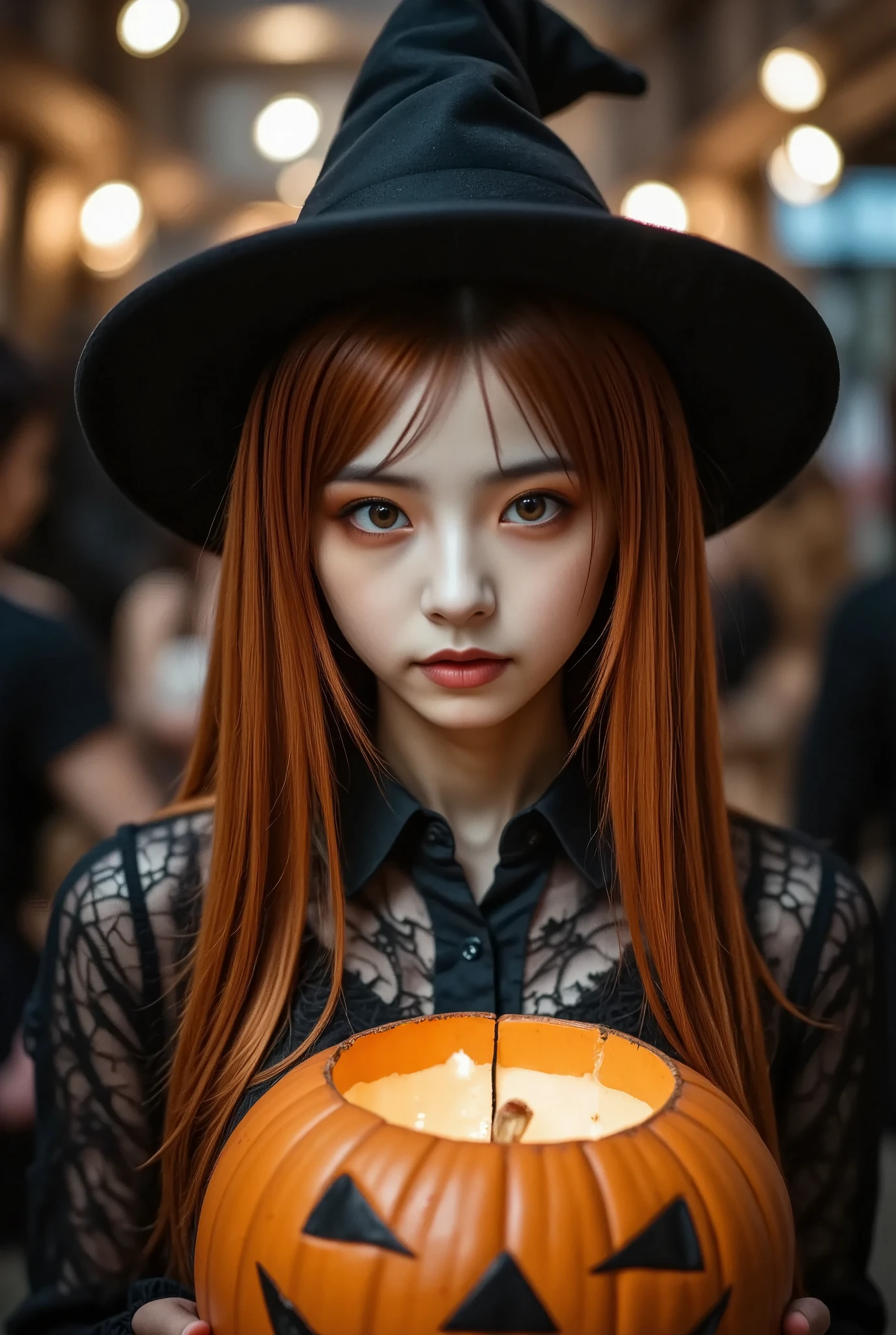 portrait, photo of Japanese girl, focus on the eyes, 1girl, long hair, orange hair, slim body shape, high contrast, detailed eyes, detailed hair, Position your eyes closer to your nose, 20yo, 

perfectly intricate detailed zombie make up, scar and stitches make up, wearing black cape with bats printed on it over orange top, witch hat on head, gothc, enjoying sombi make-up at party venue, howling eerily holding a glowing jack-o-lantern,