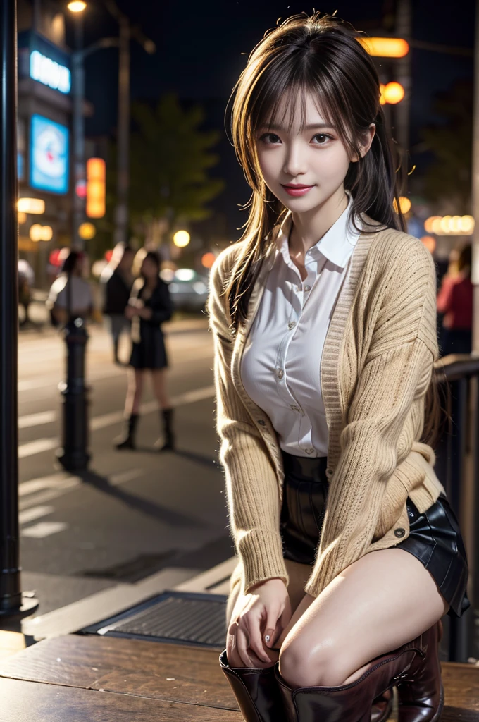 One Girl, (Full Body Shot),(hires.fix:1.4)、(White collared shirt:1.4), (cardigan:1.3),(Long skirt:1.3)、(Wear stylish boots:1.4)、(RAW Photos, highest quality), (Realistic, Photorealistic:1.4), (My hair is messy, Asymmetrical bangs, Dark brown hair,ponytail:1.3),smile、 Very delicate and beautiful, Very detailed, 8k wallpaper, wonderful, In detail, Very detailedなCG Unity, High resolution, Soft Light, Beautifully detailed 19 year old girl, Very detailedな目と顔, Beautifully detailed nose, Beautiful fine details,Cinema Lighting,City lights at night,Perfect Anatomy,Slim body, large breasts