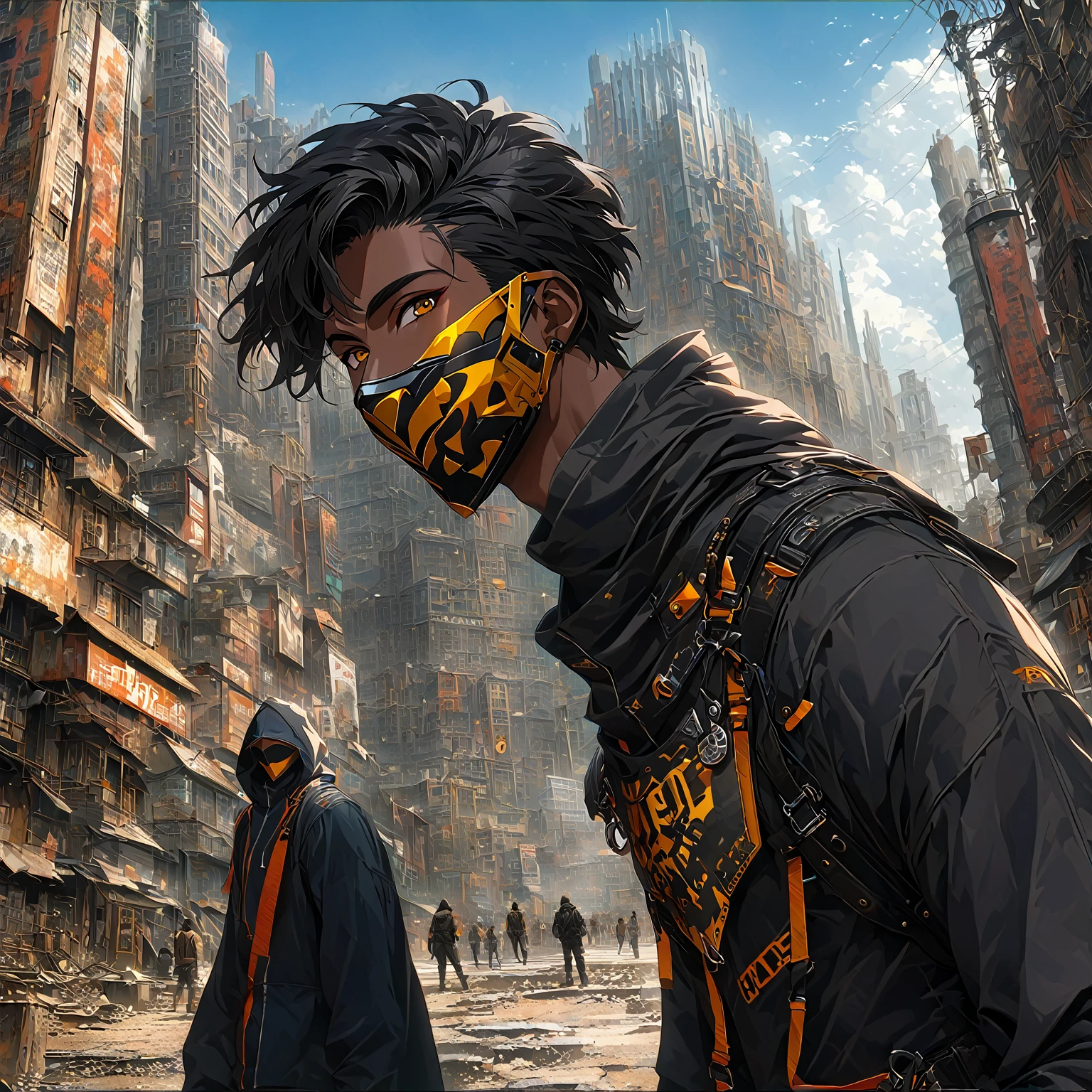 (masterpiece), (best quality), (Highres), Detailed, (Inricate Details 1.2), (Hyper Detailed 1.4), (Ornate Digital Art 1.2), (detailed background:1.2, post-apocalyptic city, black and blue sky),((dark skin, handsome face,cool facemask, smiling)) (((black:1.25,yellow:0.75, crimson:0.50))) black hair with red highlights, faded haircut ((dark yellow eyes with red tint)) an Close up of a handsome male wearing a black mask and glasses, trigger anime artstyle, as an anime character, wearing all black mempo mask, anime style character, inime style, inspired by Iwao Takamoto, unknown artstyle, anime moe artstyle, in anime style, 