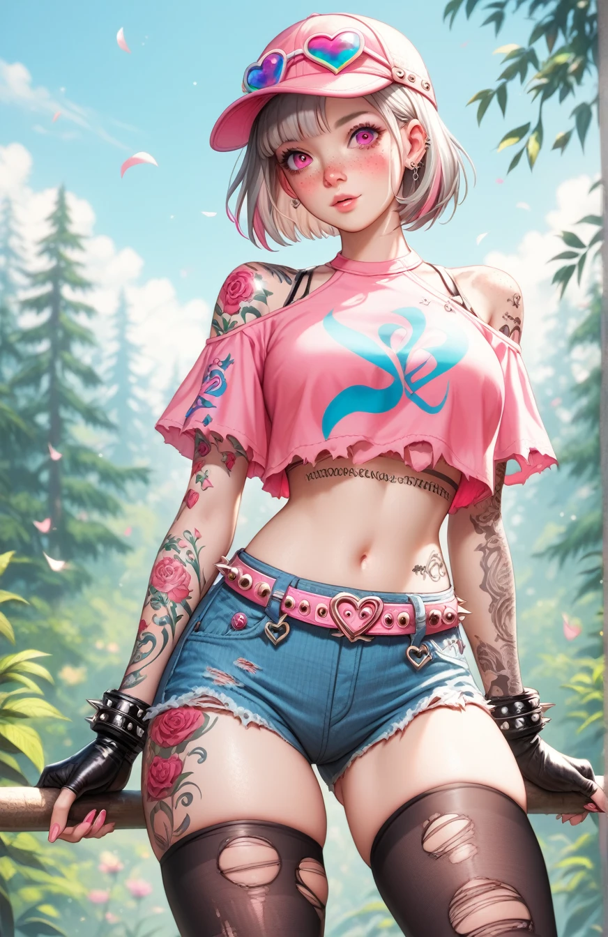 safe_pos, score_9, score_8_up, score_7_up, source_anime, paradisiac forest, 1girl, grey hair, short hair, pink eyes, (freckles:1.4), (tattoos:1.4), blushing, (pastel silky crop top:1.2), studded leather gloves, ripped denim shorts, intricate leather belt, (two-tones stockings:1.4), bare shoulders, vintage cap, (sexy thighs:1.2)
