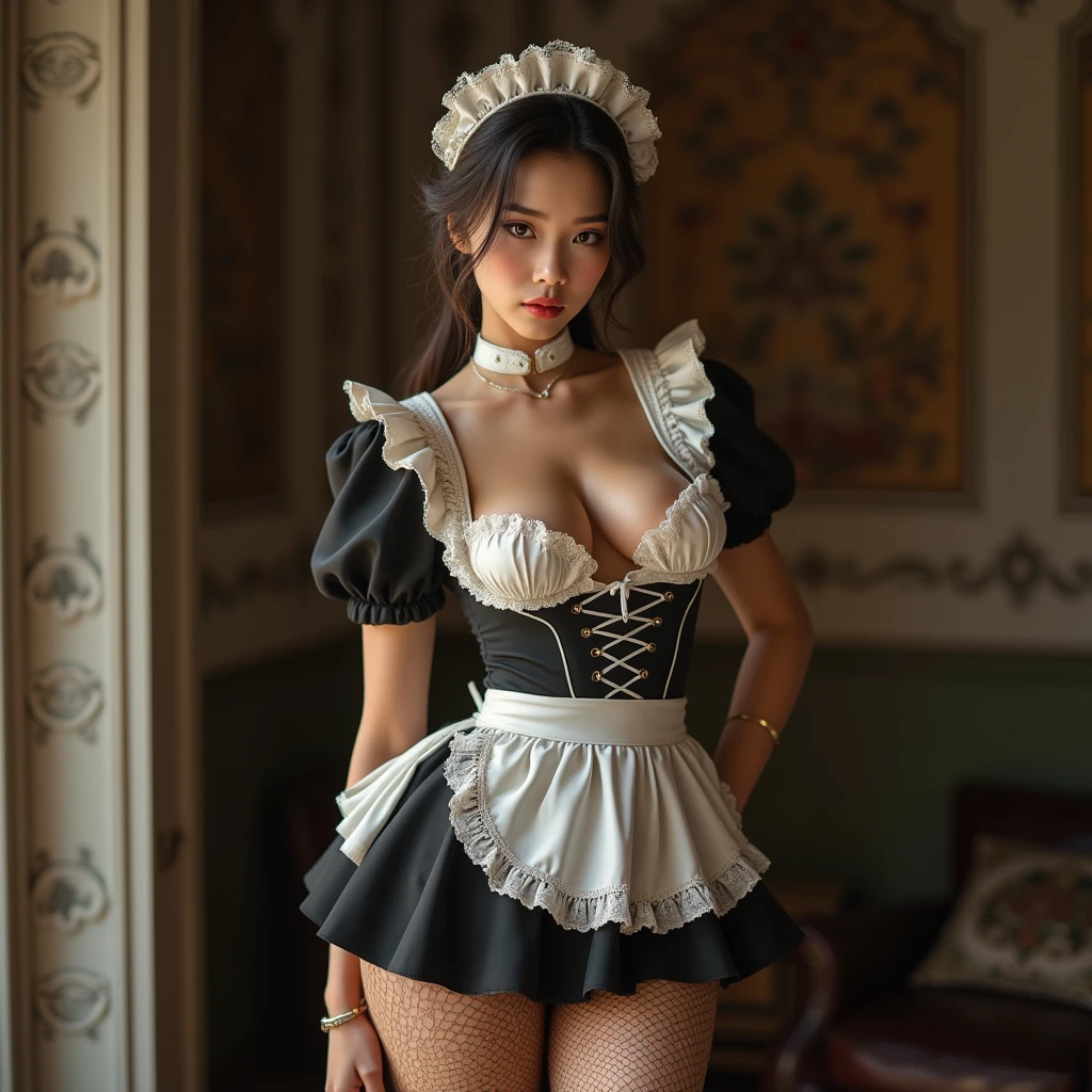 Young and very beautiful maid who is erotic and seductive、 sensual expression、 Beautiful and exquisite pale skin 、Beautiful and exquisite thighs 、 Beautiful, exquisite and large breasts 、 Beautiful and elaborate décolletage 、 ideal body shape、Beautiful and sophisticated eyes、Beautiful and sophisticated nose、Beautiful and exquisite lips、Extremely elaborate face 、 long eyelashes 、 maid clothes、French Maid、 choker、 fishnet tights、garter、race、ribbon、Frills、 High Heels 、 Sensual Poses、Indoor Settings、Natural Light、Warm tones、 detailed background、 Hasselblad 、 anatomically correct、 textured skin 、(Best Quality、4K、8k、 high definition、masterpiece:1.2)、Super detailed、( real、photo realistic、photo－ realistic:1.37)、UHD、 RETINA、 intricate details 、luxury、 elegant、 Very atmospheric 