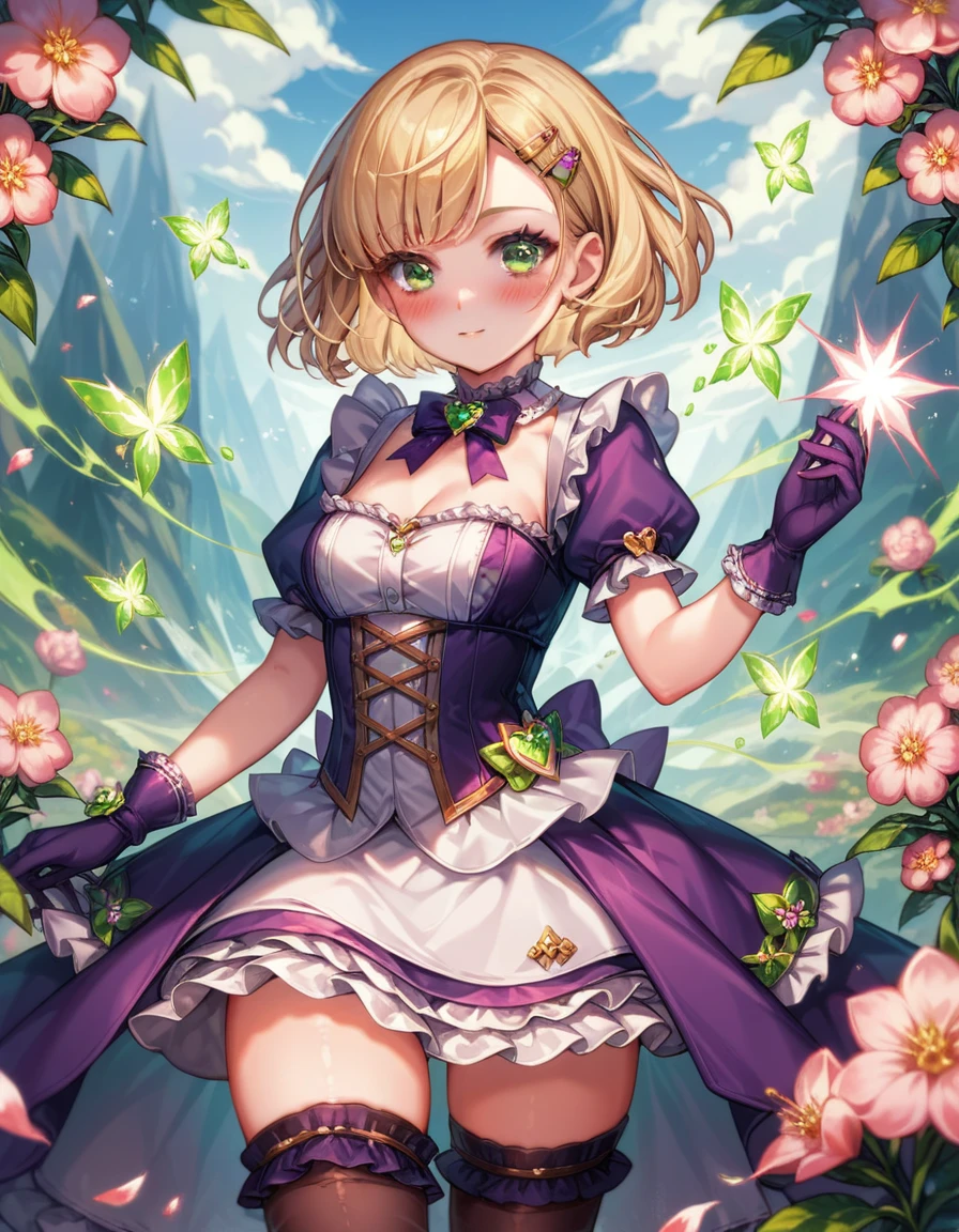 score_9, score_8_up, score_7_up, source_anime, (paradisiac landscape:1.4), flowers, wizard girl, standing, blonde hair, short hair, (blushing:1.4), green eyes, silky dress with frills, (silky stockings with frills:1.4), hairclip, silky gloves, (magical energy flow:1.4)
