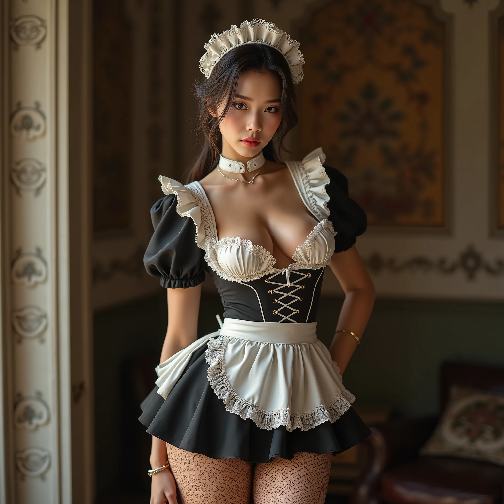 Young and very beautiful maid who is erotic and seductive、 sensual expression、 Beautiful and exquisite pale skin 、Beautiful and exquisite thighs 、 Beautiful, exquisite and large breasts 、 Beautiful and elaborate décolletage 、 ideal body shape、Beautiful and sophisticated eyes、Beautiful and sophisticated nose、Beautiful and exquisite lips、Extremely elaborate face 、 long eyelashes 、 maid clothes、French Maid、 choker、 fishnet tights、garter、race、ribbon、Frills、 High Heels 、 Sensual Poses、Indoor Settings、Natural Light、Warm tones、 detailed background、 Hasselblad 、 anatomically correct、 textured skin 、(Best Quality、4K、8k、 high definition、masterpiece:1.2)、Super detailed、( real、photo realistic、photo- realistic:1.37)、UHD、 RETINA、 intricate details 、luxury、 elegant、 Very atmospheric
