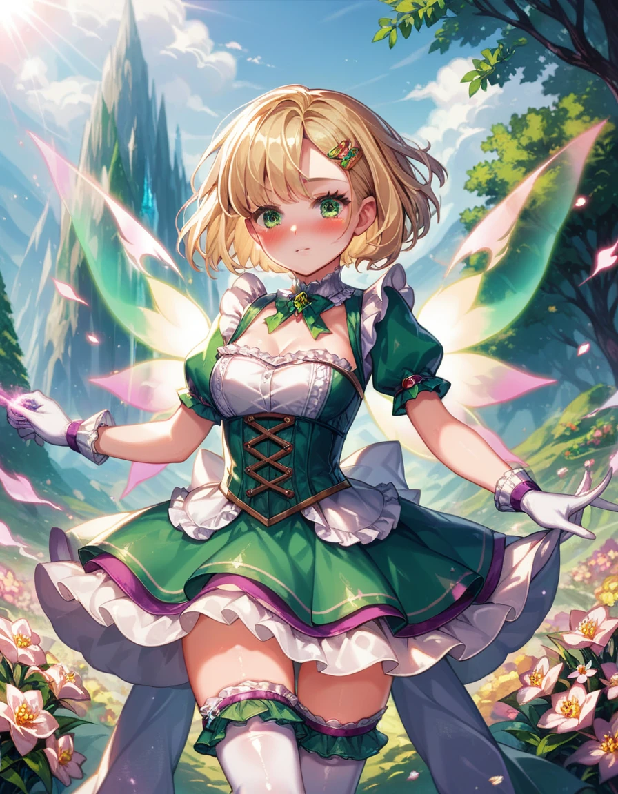 score_9, score_8_up, score_7_up, source_anime, (paradisiac landscape:1.4), flowers, wizard girl, blonde hair, short hair, (blushing:1.4), green eyes, silky dress with frills, (silky stockings with frills:1.4), hairclip, silky gloves, (magical energy flow:1.4)
