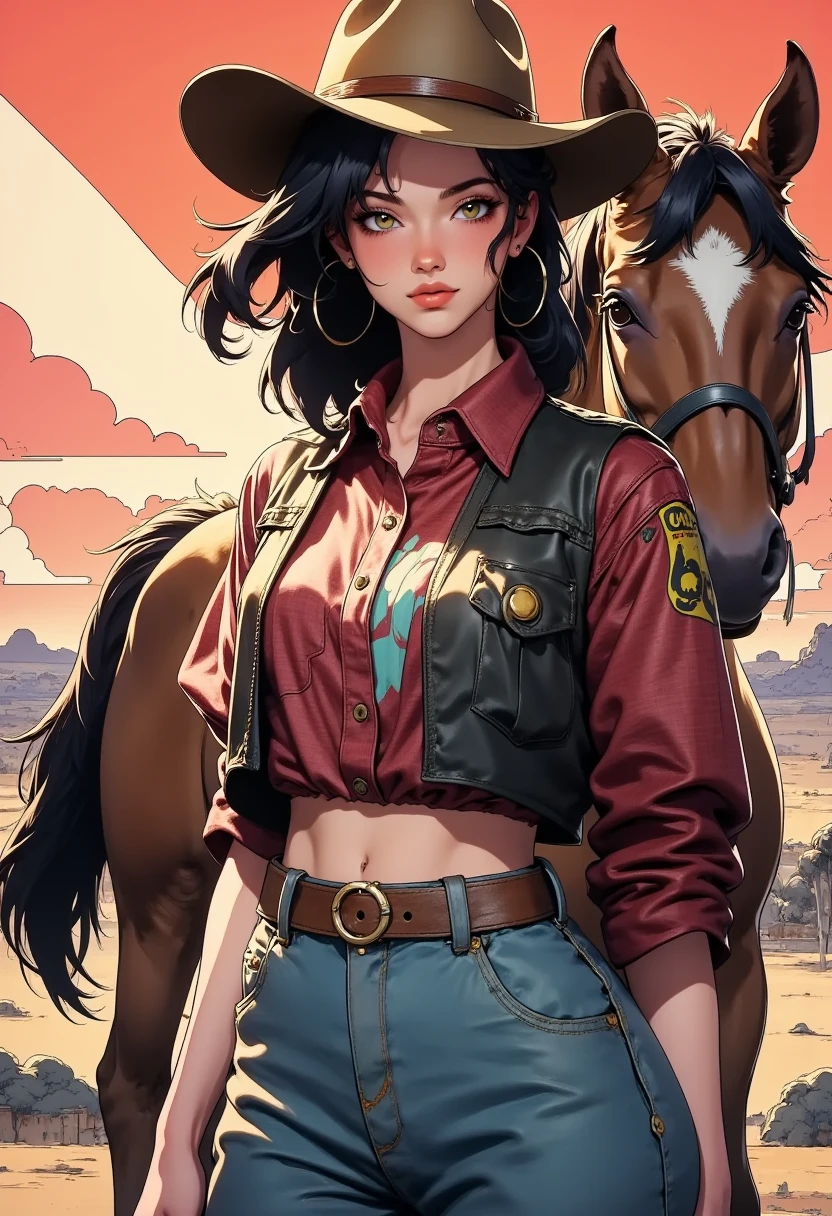 Cowgirl, cowboy hat, brown checks shirt, leather vest jacket, jeans skirt, cowboy shoes, leather belt, gun pouch, standing beside a brown horse