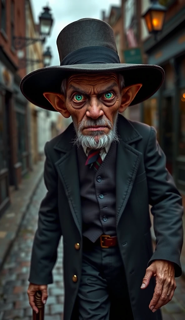 Full body photograph of Sergi, a very old, scared and frightened grandfather with fear in his eyes and a wide brimmed hat typical of Victorian fashion, walking slowly down a dark cobbled street in London in the 19th century., Mundford Sky Hallucination, Maximalist Baroque, Artificial Nightmares chibi, Stanley Artgerm, Tim Burton, detailed facial features, sharp blue-green eyes, extremely detailed, photorealistic, highly detailed, organic, dynamic, ultra realistic, high definition, intricate details, sharp quality