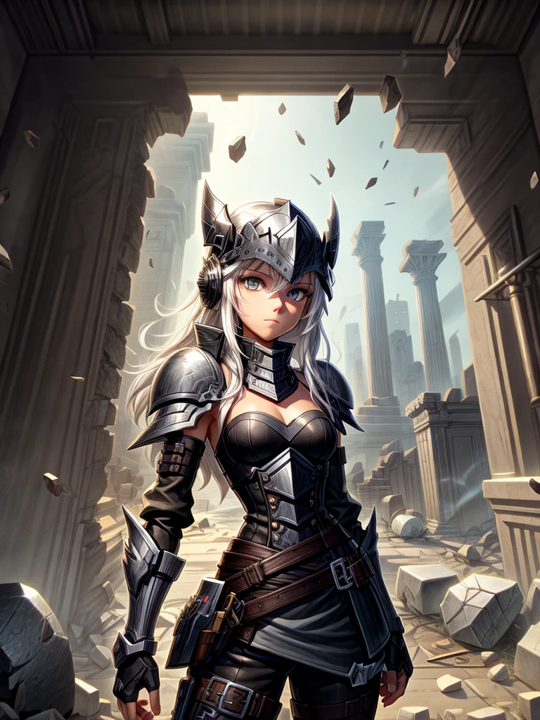 Detailed 8k female white hair all-black iron shrapnel paladin helmet attack mode(from the waist up) Inside the ruins