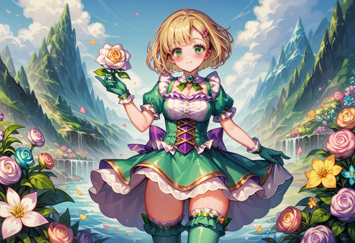 score_9, score_8_up, score_7_up, source_anime, (paradisiac landscape:1.4), flowers, wizard girl, blonde hair, short hair, blushing, green eyes, silky dress with frills, (silky stockings with frills:1.4), cute hairclip, silky gloves, magical wave
