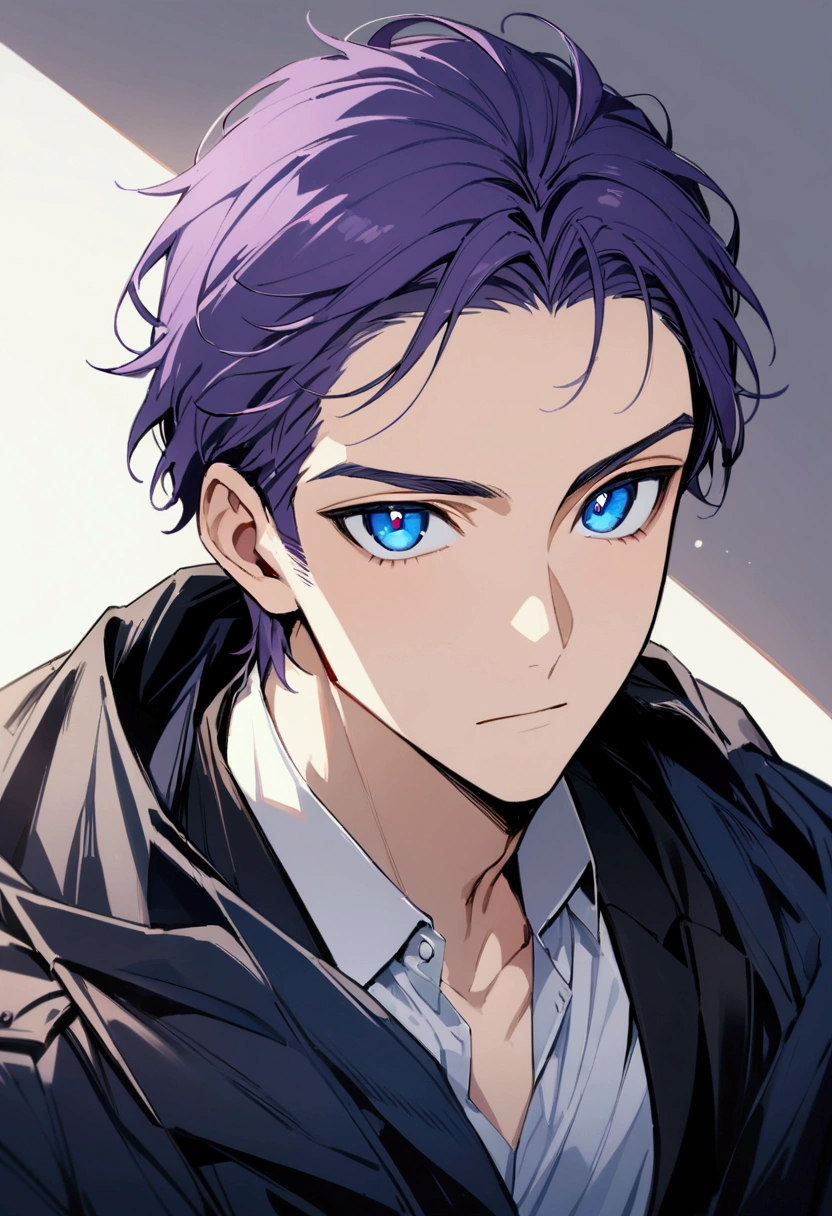 whole body、Character portrait、male、masterpiece、Handsome、The forehead is visible、1 man,  purple Hair、Worn suit、Jacket、Give bangs、Showing his forehead、Handsome、Intricately drawn eyes、good looking、((blue eyes)), 30 years old, handsome male