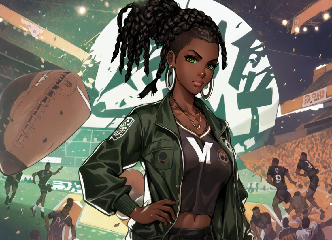 (masterpiece, top quality, best quality,official art, beautiful and aesthetic:1.2),anime drawing of an dark skin woman with a black braids and a black shirt((cool football logo)), wearing brown sports jacket halfbody headshot, sports fan girl, single braid hairstyle, short hair, green eyes, big breasts, huge breasts, football stadium background 