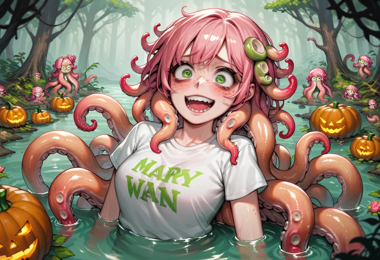 score_9, score_8_up, score_7_up, source_anime, (gloomy swamp:1.2), (marsh flowers:1.2), octopus girl, pink hair, blushing, freckles, green eyes, (pink hair:1.2), monster girl, silky white t-shirt, crazy face, (octopus body:1.2), emerging from the water, pumpkin design on t-shirt
