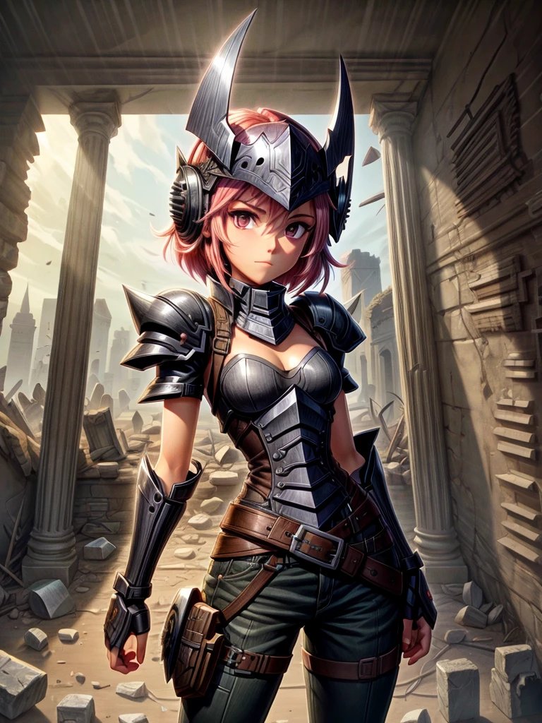 Detailed 8k female pink hair all-black iron shrapnel paladin helmet attack mode(from the waist up) Inside the ruins