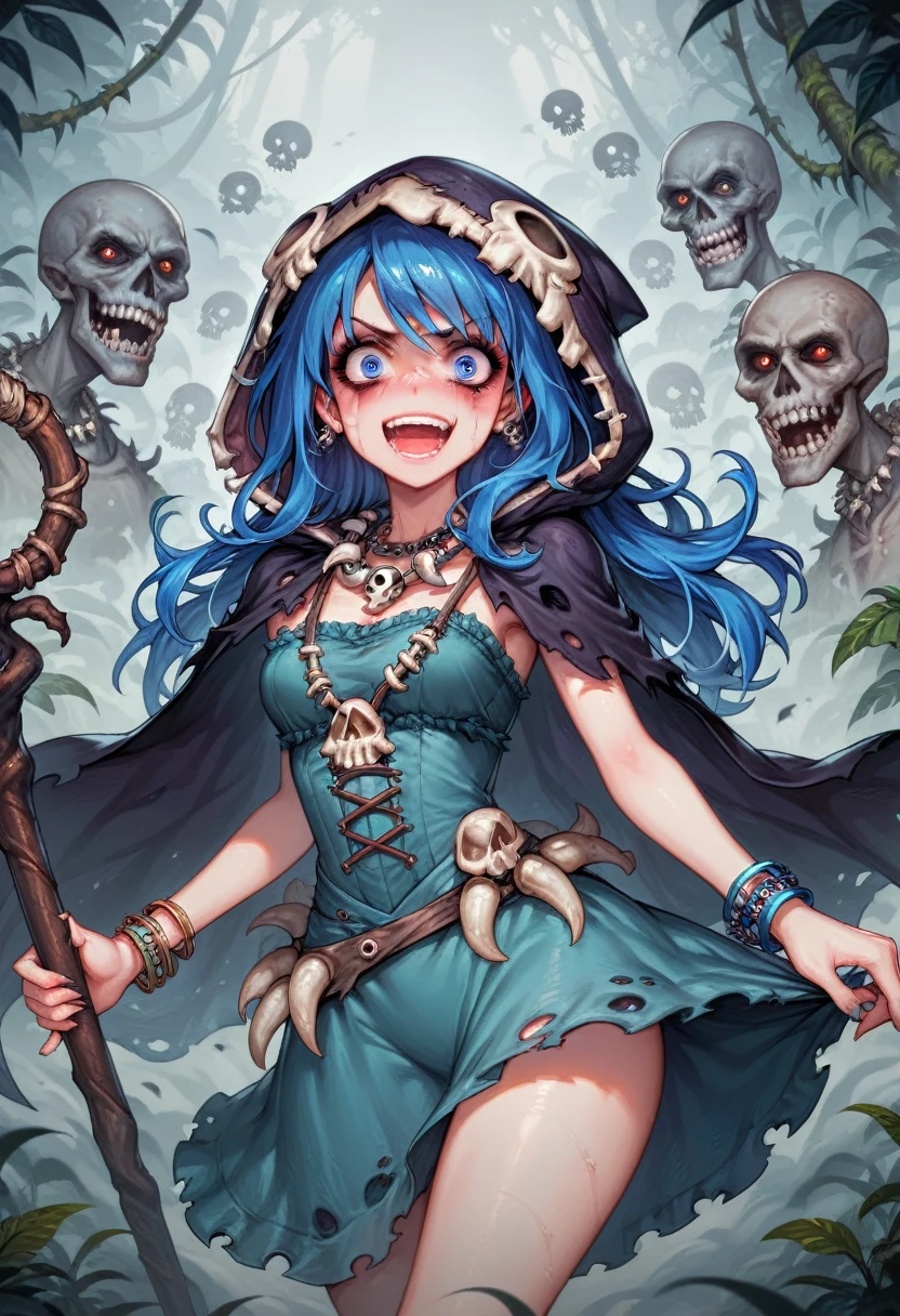 score_9, score_8_up, score_7_up, source_anime, masterpiece, misty jungle, gloomy necromancer girl, long hair, blue hair, blue eyes, blushing, skulls necklace, bracelet, intricate necromancer dress with skulls, cape and hood, crazy face, staff with skulls, surrounded by magical misty fog, dark mascara
