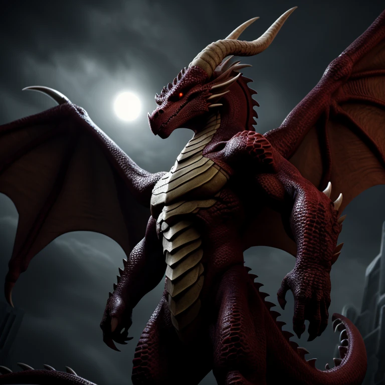 Humanoid demon, low-angle shot, semi-side view, best quality, correct anatomy, cinematic, scaled, full body, heroic, dark ambience, full body, two eyes, two wings, draconic snout, one tail