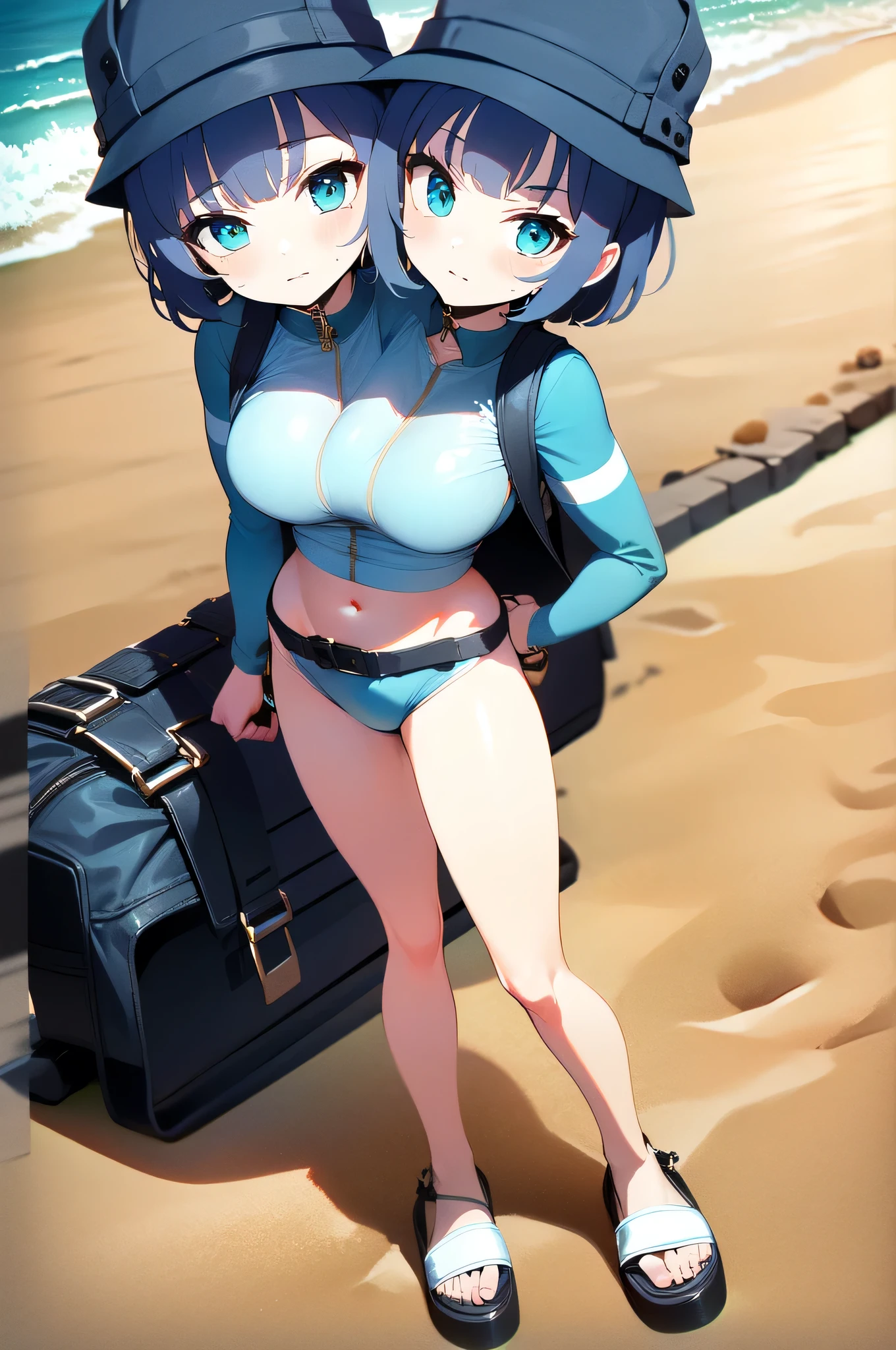 (masterpiece, best quality, highres, ultra detailed), 1girl,solo,medium dark blue hair, aqua eyes, swimsuit, bucket hat, beach background, rash guard, long raglan sleeves, black utility belt, belt pouch, duffel bag, sandals, (full body), (2heads:1.3), beach background, looking at viewer