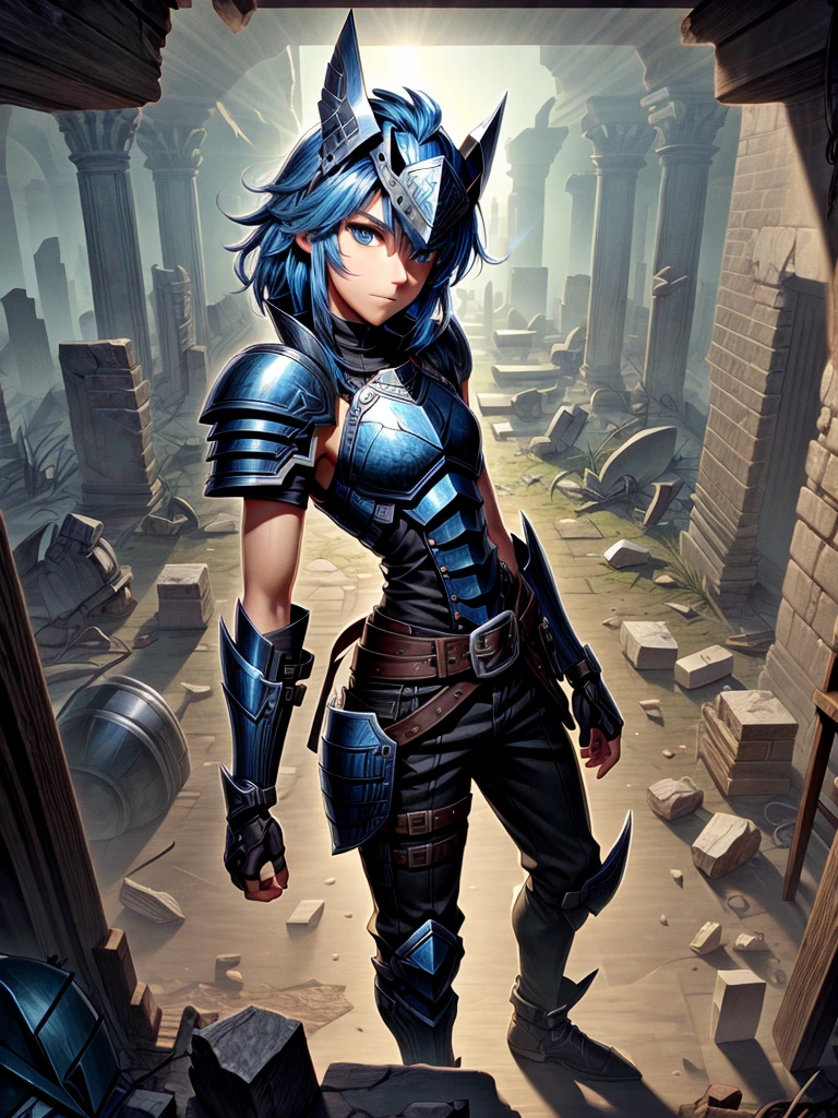 Detailed 8k men's blue hair all-black iron shrapnel paladin helmet attack mode(from the waist up) Inside the ruins