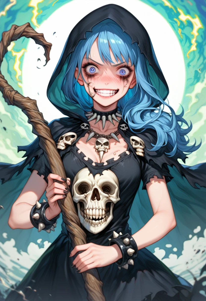 score_9, score_8_up, score_7_up, source_anime, masterpiece, misty and sticky pond, gloomy creepy necromancer girl, long hair, blue hair, blue eyes, blushing, skulls necklace, bracelet, intricate necromancer dress with skulls, cape and hood, crazy face, staff with skulls, (surrounded by a energy wave:1.2), dark mascara
