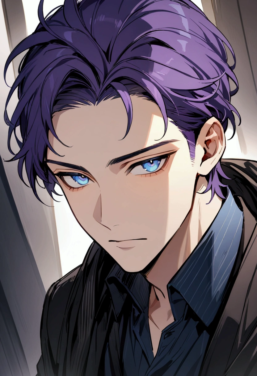 whole body、Character portrait、male、masterpiece、Handsome、The forehead is visible、1 man,  purple Hair、Worn suit、Jacket、Give bangs、Showing his forehead、Handsome、Intricately drawn eyes、good looking、((blue eyes)), 30 years old, handsome male