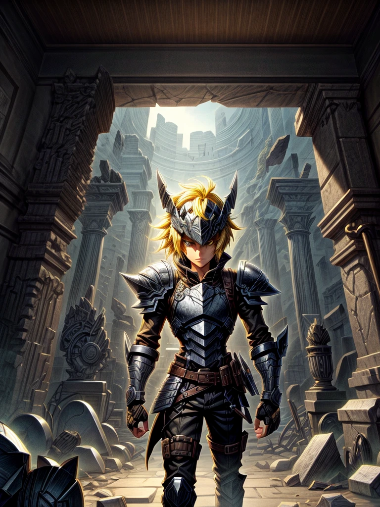 Detailed 8k men's yellow hair all-black iron shrapnel paladin helmet attack mode(from the waist up) Inside the ruins