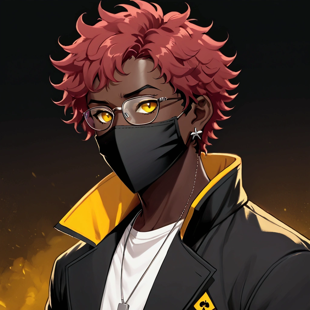 (masterpiece:1.2), (best quality, sfw), (ultra detailed), (8k, 4k, intricate),(closeup-shot:1), (highly detailed:1.2),(detailed background:1.2),((dark skin, handsome eyes, cool facemask))(((black:1.25,yellow:0.75, crimson:0.50))) black frizzy hair with red highlights, faded haircut ((dark yellow eyes with red tint)) an Close up of a handsome male wearing a black mask and glasses, black and yellow themed jacket, silver earrings, ear lobe piercings, white shirt with black clover logo trigger anime artstyle, as an anime character, gapmoe yandere, gapmoe yandere grimdark, dapper dream demon, facemask with demon teeth design, inspired by Okumura Togyu, portrait gapmoe yandere grimdark, in style of digital illustration, detailed character art, concept art of single boy, archie comic style, detailed character, anime vibes, cyberpunk art ultrarealistic 8k, cyberpunk style 