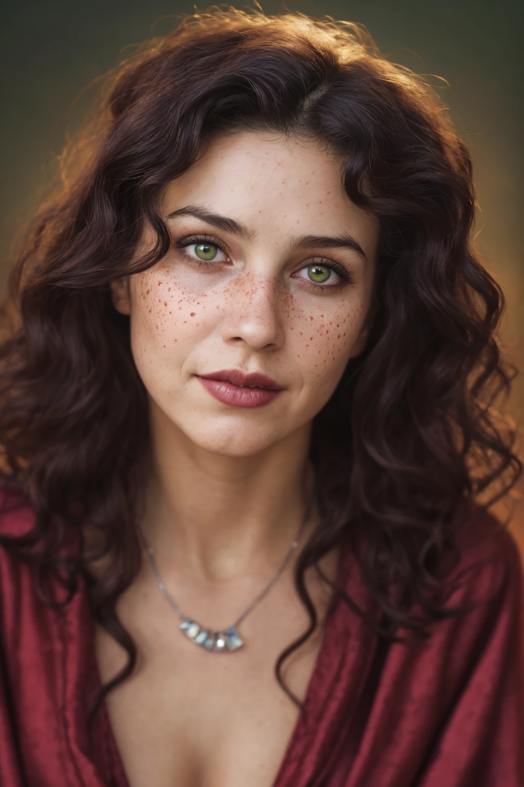 (close-up, editorial photograph of a 30 year old woman), (highly detailed face:1.4) (smile:0.7) (background inside dark, moody, private study:1.3) POV, by lee jeffries, nikon d850, film stock photograph ,4 kodak portra 400 ,camera f1.6 lens ,rich colors, hyper realistic ,lifelike texture, dramatic lighting , cinestill 800, wavy hair, messy hair, curls, Mischievous smirk, Black hair, green eyes, freckles, Crimson Cloak, Purple Robe, Jewels, Necklace, Witchcraft, Red Aura, Sumerian woman, sumerian skin, Sumerian expression, Astral Plane, Scarlet Woman, Babalon, Thelema