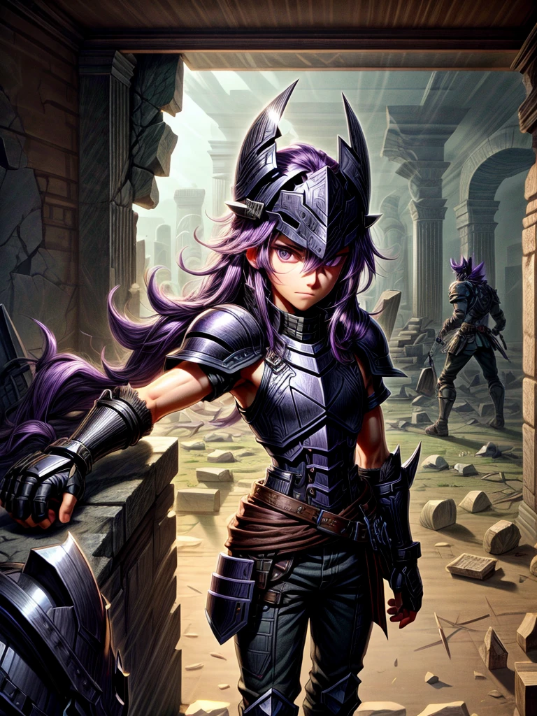 Detailed 8k men's purple hair all-black iron shrapnel paladin helmet attack mode(from the waist up) Inside the ruins