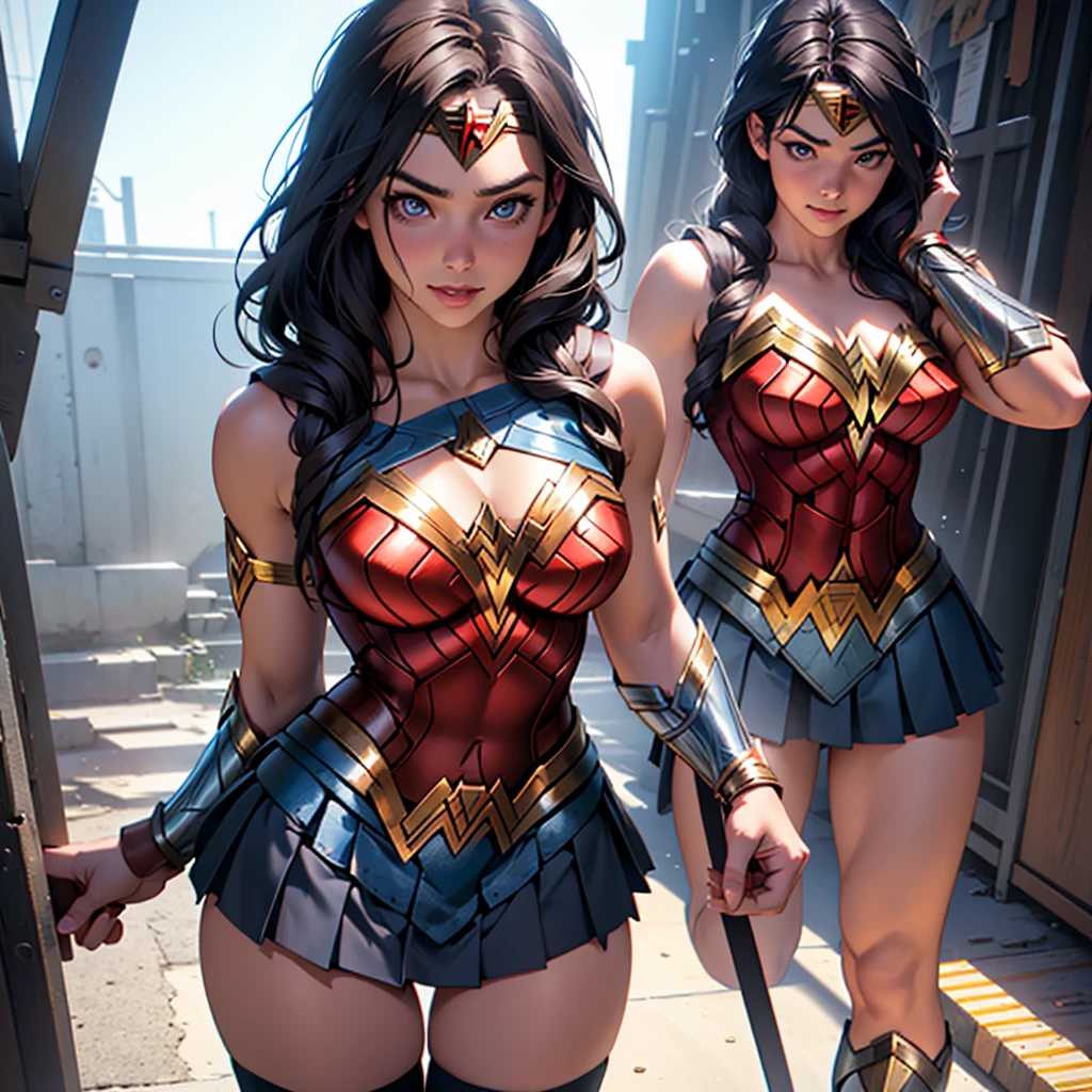 Wonder Woman very embarrassed in the street. She's defeated and have scratches. her costume is torn. we see a nude breast through a tear in her costume and her panties through her tattered skirt.