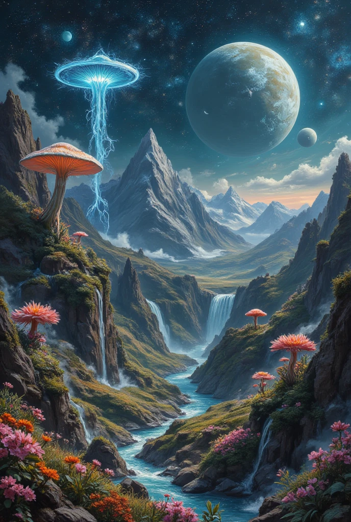 another world extraterrestrial landscape, surreal mountains, with giant alien flower animals, live shrooms, fantasy dream, starry sky with large planets, transparent plasma tubes, detailed hyperrealism, 35mm photography, edgy street art, dynamic angle, flowing colors, fractal art, intricate