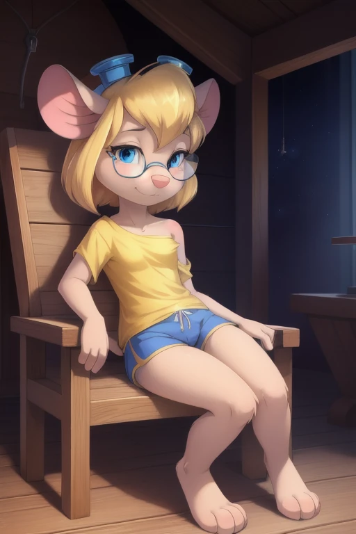  gadget hook wrench, jung, maus, blonde hair, langes Haar, narrowed eyes,  blue eyes, pink nose, Body fur,  small breasts , detailed Body fur,  detailed face,  detailed eyes , glittering body, shiny body, great body, masterpiece,  high quality , ((Glasses, Yellow Shirt, one shoulder, Size,  blue shorts )), Full body, feet with three toes, 3 toes , strand, Heaven can do it, slim, sit on strand chair, :3,