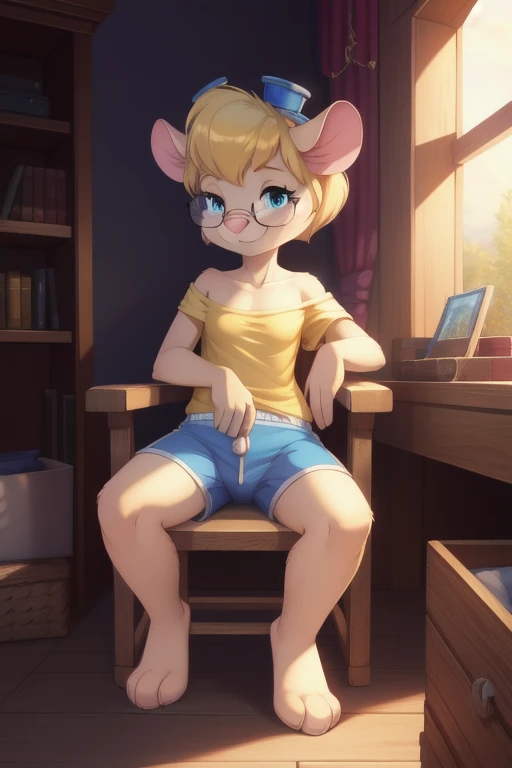  gadget hook wrench, jung, maus, blonde hair, langes Haar, narrowed eyes,  blue eyes, pink nose, Body fur,  small breasts , detailed Body fur,  detailed face,  detailed eyes , glittering body, shiny body, great body, masterpiece,  high quality , ((Glasses, Yellow Shirt, one shoulder, Size,  blue shorts )), Full body, feet with three toes, 3 toes , strand, Heaven can do it, slim, sit on strand chair, :3,