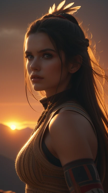 (((ultra realistic))), (ultra-detailed face and eyes: 1.3),native girl, with very long thick hair, feathers in hair, (few clothes) , (combat bandages on the body), ((In a combat stance)), in soft lighting, with a stern look, against the backdrop of sandy mountains, surrounded by a mysterious, foggy atmosphere, (sunset), (ultra-detailed), ((Skin detailing)), (scene from a movie about ancient people) 