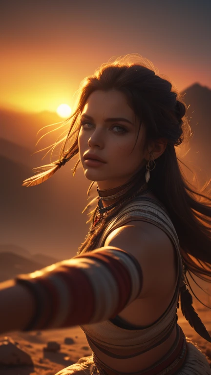 (((ultra realistic))), (ultra-detailed face and eyes: 1.3),native girl, with very long thick hair, feathers in hair, (few clothes) , (combat bandages on the body), ((In a combat stance)), in soft lighting, with a stern look, against the backdrop of sandy mountains, surrounded by a mysterious, foggy atmosphere, (sunset), (ultra-detailed), ((Skin detailing)), (scene from a movie about ancient people) 