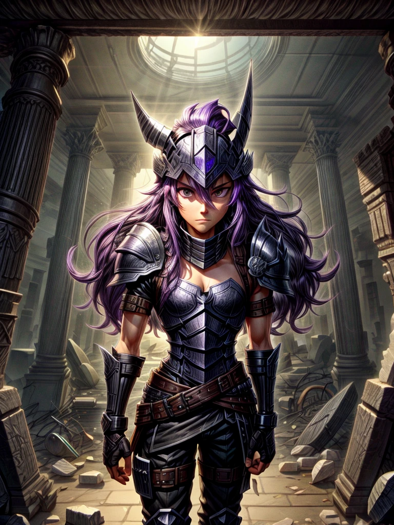 Detailed 8k men's purple hair all-black iron shrapnel paladin helmet attack mode(from the waist up) Inside the ruins