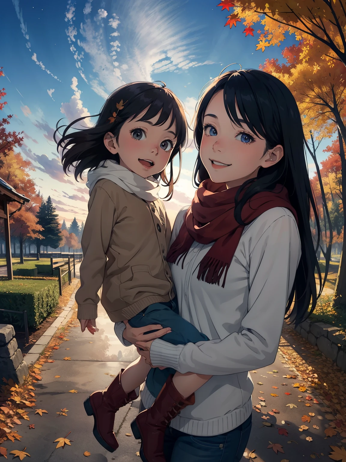 masterpiece， Best Quality ， High image quality ，(  super flat  ,  flat shading  )， fisheye lens，Beautiful young mother and her cute daughter，  warm scarf， (naked)，Long Hair， boots, smile, smile，White Breath，fun, play，White Breath，Autumn park garden， fall leaves for vaginal discharge，Autumn sky，dusk，Beautiful sunset，Wide angle，  bright color，watercolor, Ghibli style，Strong winds，Girl&#39;s Temptation，