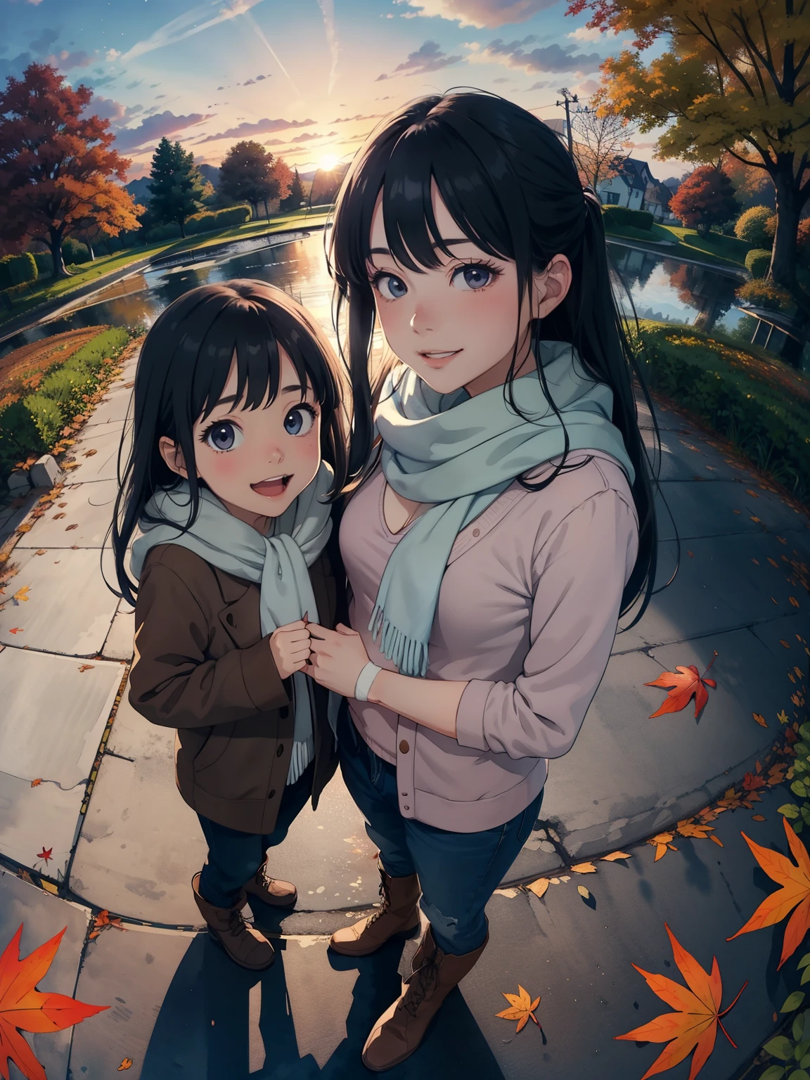 masterpiece， Best Quality ， High image quality ，(  super flat  ,  flat shading  )， fisheye lens，Beautiful young mother and her cute daughter，  warm scarf， (naked)，Long Hair， boots, smile, smile，White Breath，fun, play，White Breath，Autumn park garden， fall leaves for vaginal discharge，Autumn sky，dusk，Beautiful sunset，Wide angle，  bright color，watercolor, Ghibli style，Strong winds，Girl&#39;s Temptation，