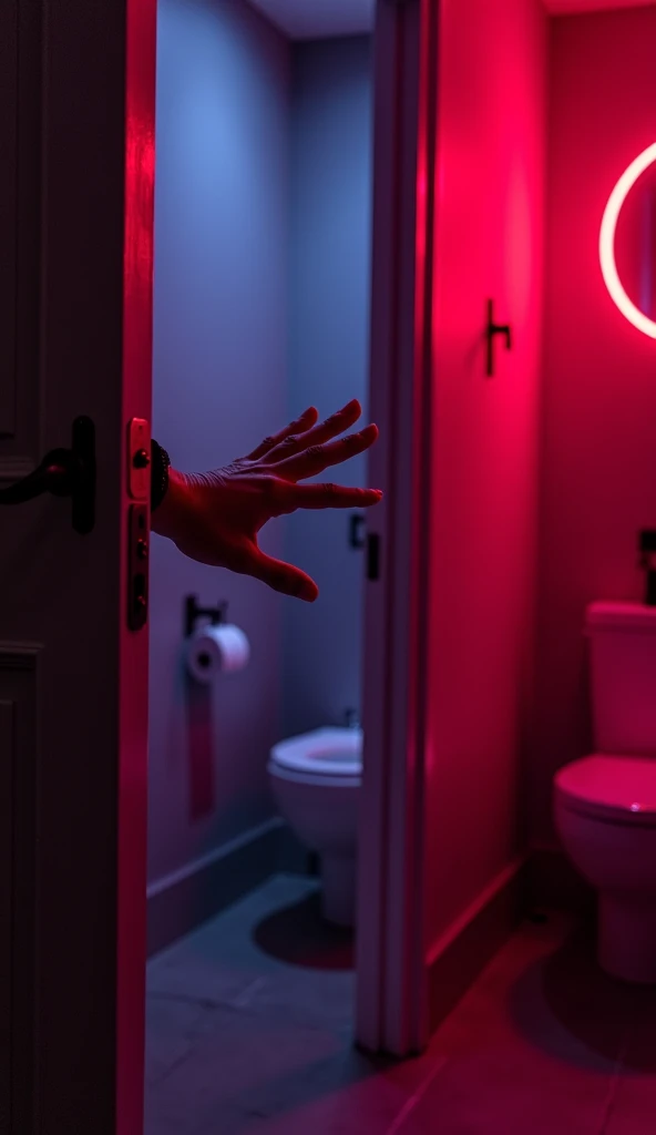 woman hand opens the door of the dance club toilette, red and violet lights