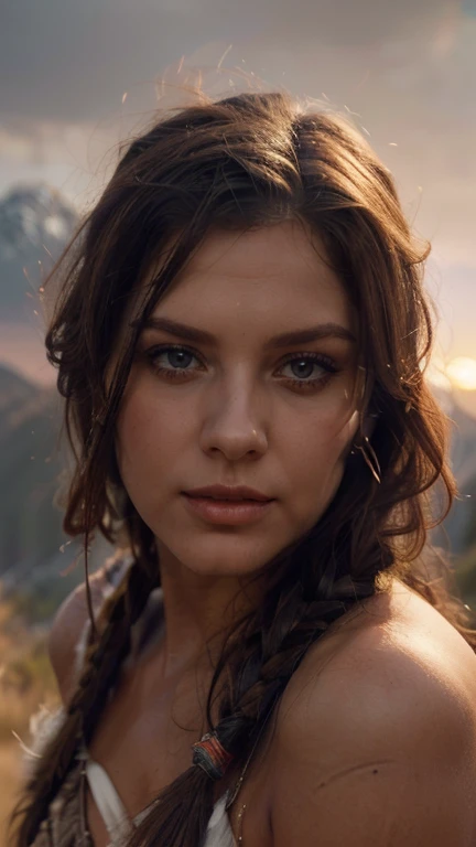 (((ultra realistic))), (ultra-detailed face and eyes: 1.3),native girl, with very long thick hair, feathers in hair, (few clothes) , (combat bandages on the body), ((In a combat stance)), in soft lighting, with a stern look, against the backdrop of sandy mountains, surrounded by a mysterious, foggy atmosphere, (sunset), (ultra-detailed), ((Skin detailing)), (scene from a movie about ancient people) 