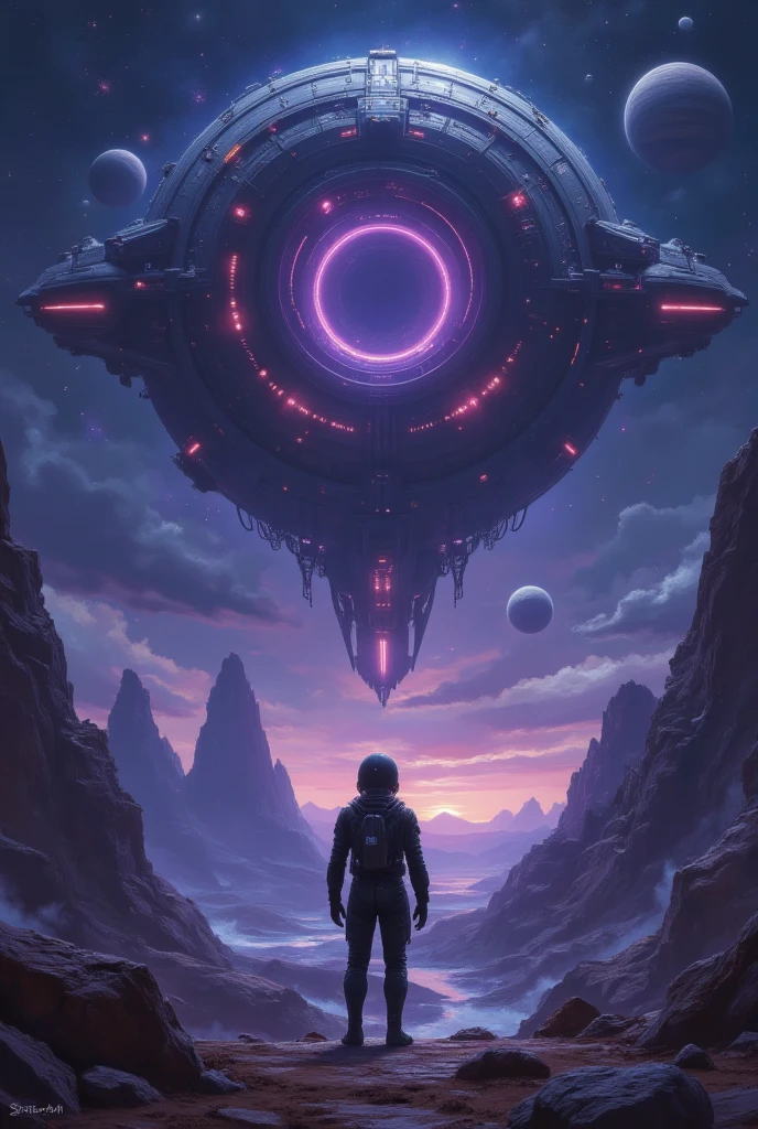 The image is a digital illustration of a futuristic spaceship flying over a planet. The spaceship is in the center of the image, with a large circular opening at the top. The opening is surrounded by a halo of purple and blue lights. The planet is visible in the background, with planets and stars scattered throughout. In the foreground, there is a person standing in front of the spaceship, looking up at the spaceship. The person is wearing a black suit and helmet, and appears to be standing on a rocky terrain. The sky is dark and filled with stars, and the overall color scheme is predominantly purple, blue, and pink. The image has a futuristic and sci-fi feel to it.