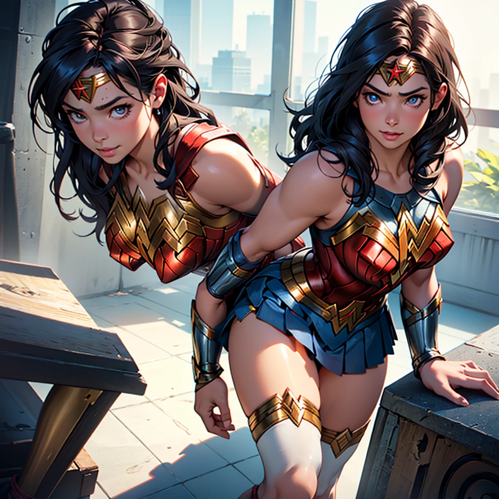 (Wonder woman), thicc school 1girl wearing thighhighs pleated skirt, skirt pull, skirt lift, revealing panties, short skirt, gorgeous features, clear face, symmetrical face, beautiful face, rendered eyes, detailed eyes, beautiful hair, smile, long legs, [thick|slender] bare thighs, thigh gap, natural breasts, symmetrical breasts, perfect breasts, anatomy, athletic, fit, in shape, exotic, alluring, mature, masterpiece portrait, extreme detail, (character focus:1.4), highly detailed, 8k octane, HDR, ultra detailed, best quality, highest quality, realistic lighting, hyperdetailed