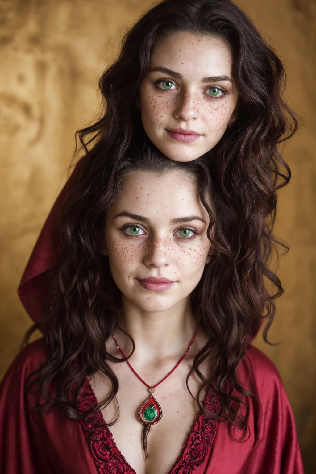 (close-up, editorial photograph of a 30 year old woman), (highly detailed face:1.4) (smile:0.7) (background inside dark, moody, private study:1.3) POV, by lee jeffries, nikon d850, film stock photograph ,4 kodak portra 400 ,camera f1.6 lens ,rich colors, hyper realistic ,lifelike texture, dramatic lighting , cinestill 800, wavy hair, messy hair, curls, Mischievous smirk, Black hair, green eyes, freckles, Crimson Cloak, Purple Robe, Jewels, Necklace, Witchcraft, Red Aura, Sumerian woman, sumerian skin, Sumerian expression, Astral Plane, Scarlet Woman, Babalon, Thelema