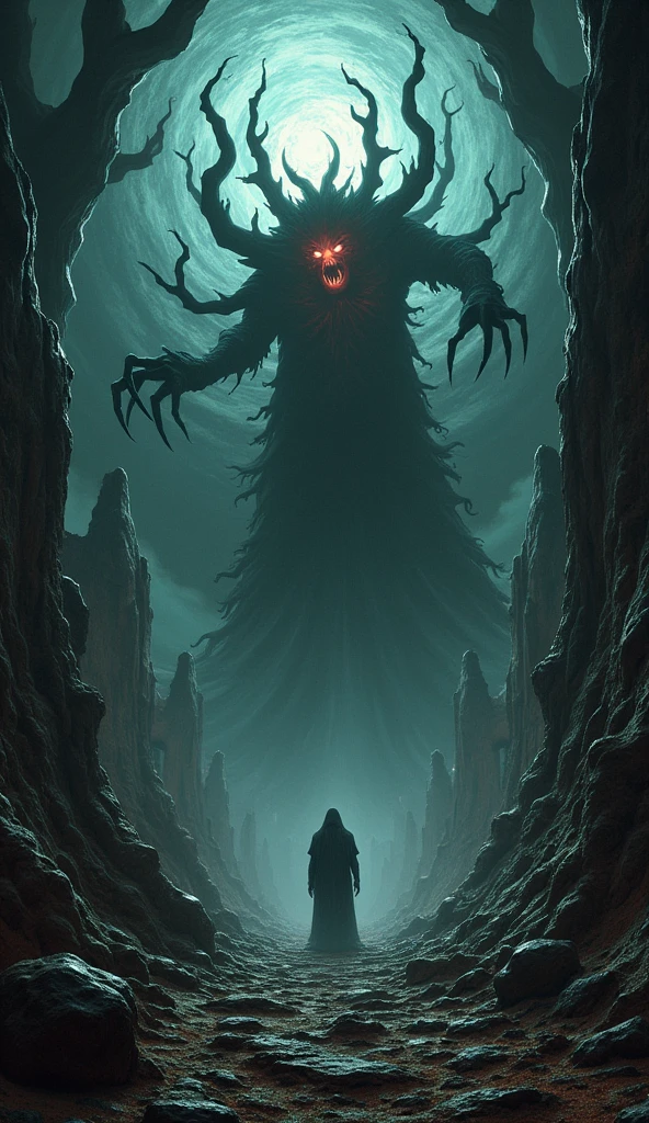 a terrifying giant monster, creepy and mistis, lurking in a dark gothic ruin, (best quality,4k,8k,highres,masterpiece:1.2),ultra-detailed,(realistic,photorealistic,photo-realistic:1.37),extremely detailed face and eyes, sharp focus,vivid horror atmosphere,chiaroscuro lighting,dramatic shadows,ominous mood,mist and fog,decaying architecture