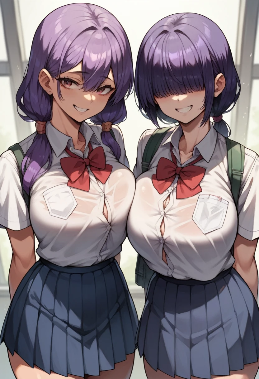 ２woman,Purple Hair,Low Twin Tail, Improve, wicked smile, Busty, School clothes,  school uniform,  bangs that fall over the eyes