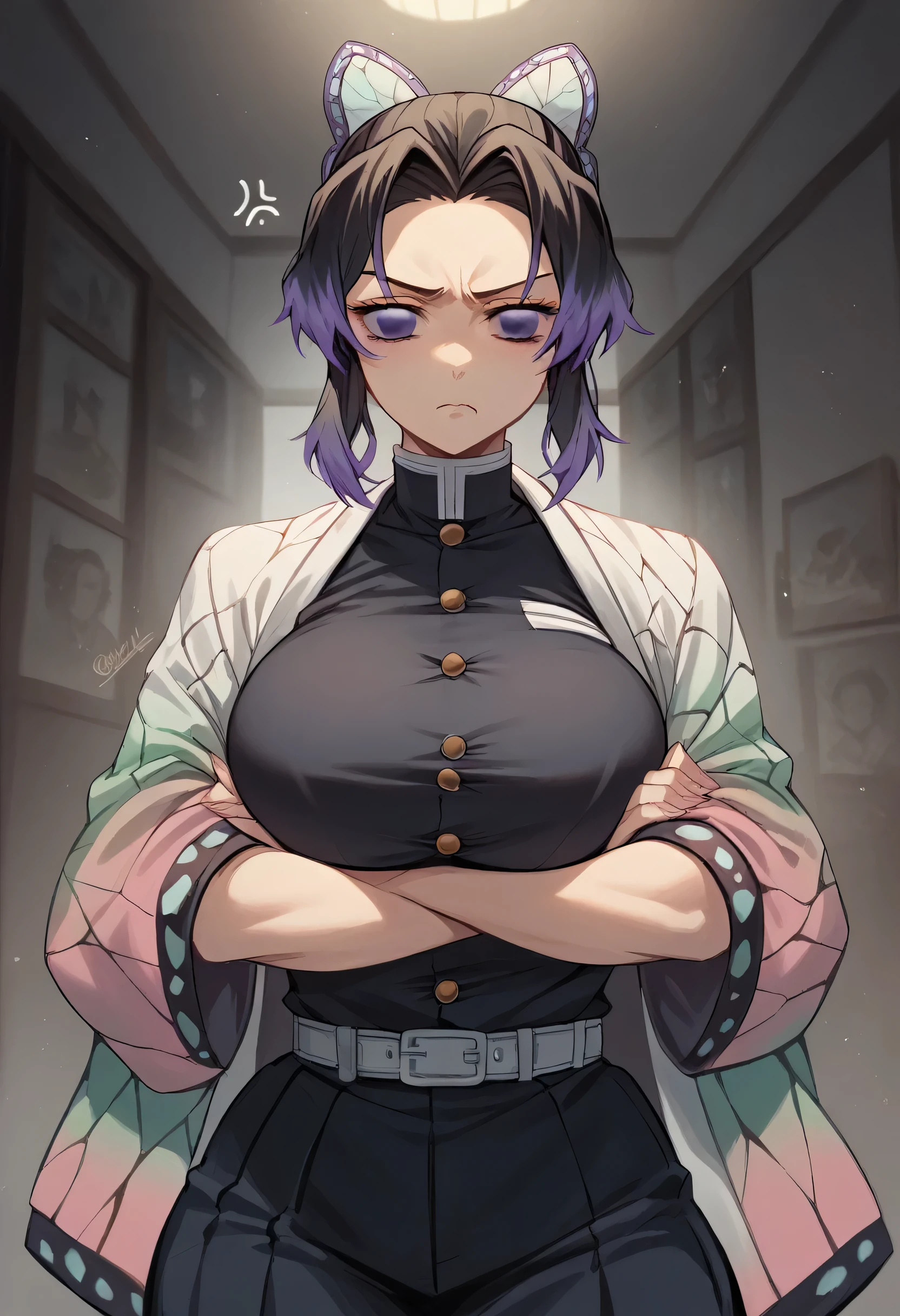Shinobu Kocho, voluptuous body, big breasts, buena calidad,Good detail, masterpiece, perfect and detailed face , perfect and detailed background ,HD, 8K, 4k,good anatomy, Room, annoyed,arms crossed under the breasts