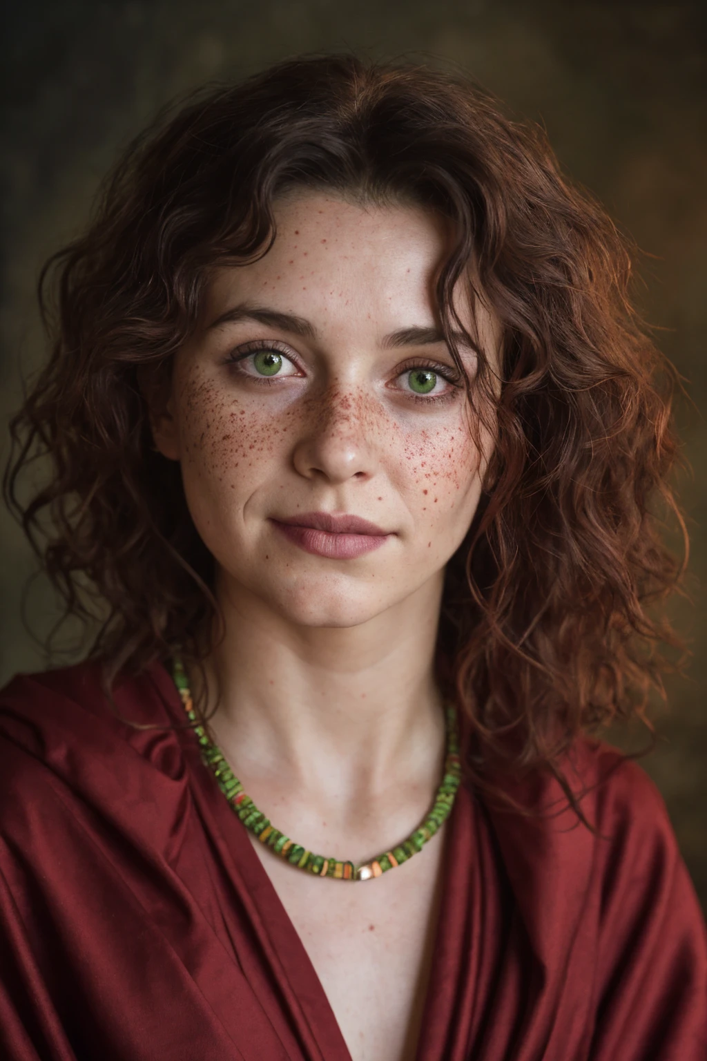 (close-up, editorial photograph of a 30 year old woman), (highly detailed face:1.4) (smile:0.7) (background inside dark, moody, private study:1.3) POV, by lee jeffries, nikon d850, film stock photograph ,4 kodak portra 400 ,camera f1.6 lens ,rich colors, hyper realistic ,lifelike texture, dramatic lighting , cinestill 800, wavy hair, messy hair, curls, Mischievous smirk, Black hair, green eyes, freckles, Crimson Cloak, Purple Robe, Jewels, Necklace, Witchcraft, Red Aura, Sumerian woman, sumerian skin, Sumerian expression, Astral Plane, Scarlet Woman, Babalon, Thelema