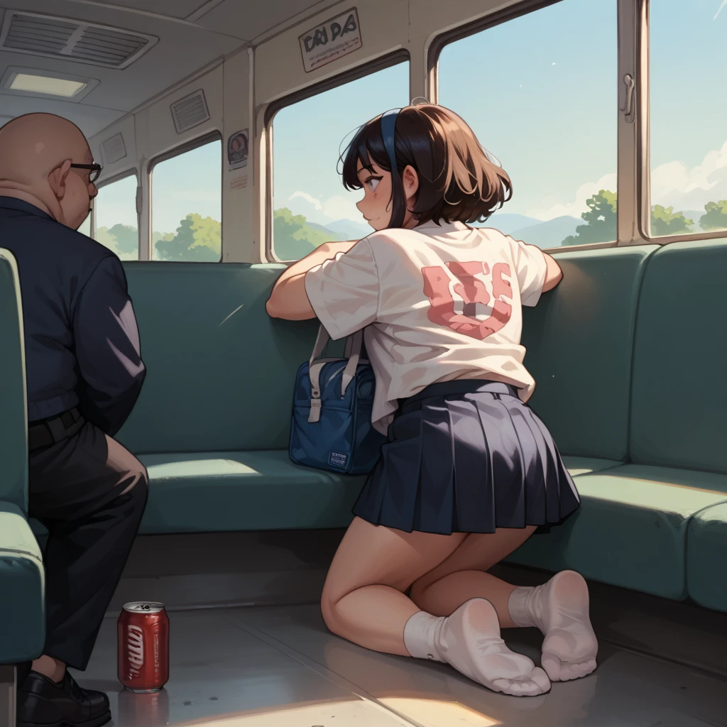   Anime girl in a short skirt can be seen with her bare ass kneeling on the bus, a fat man holds her head and tilts it for his flight 
