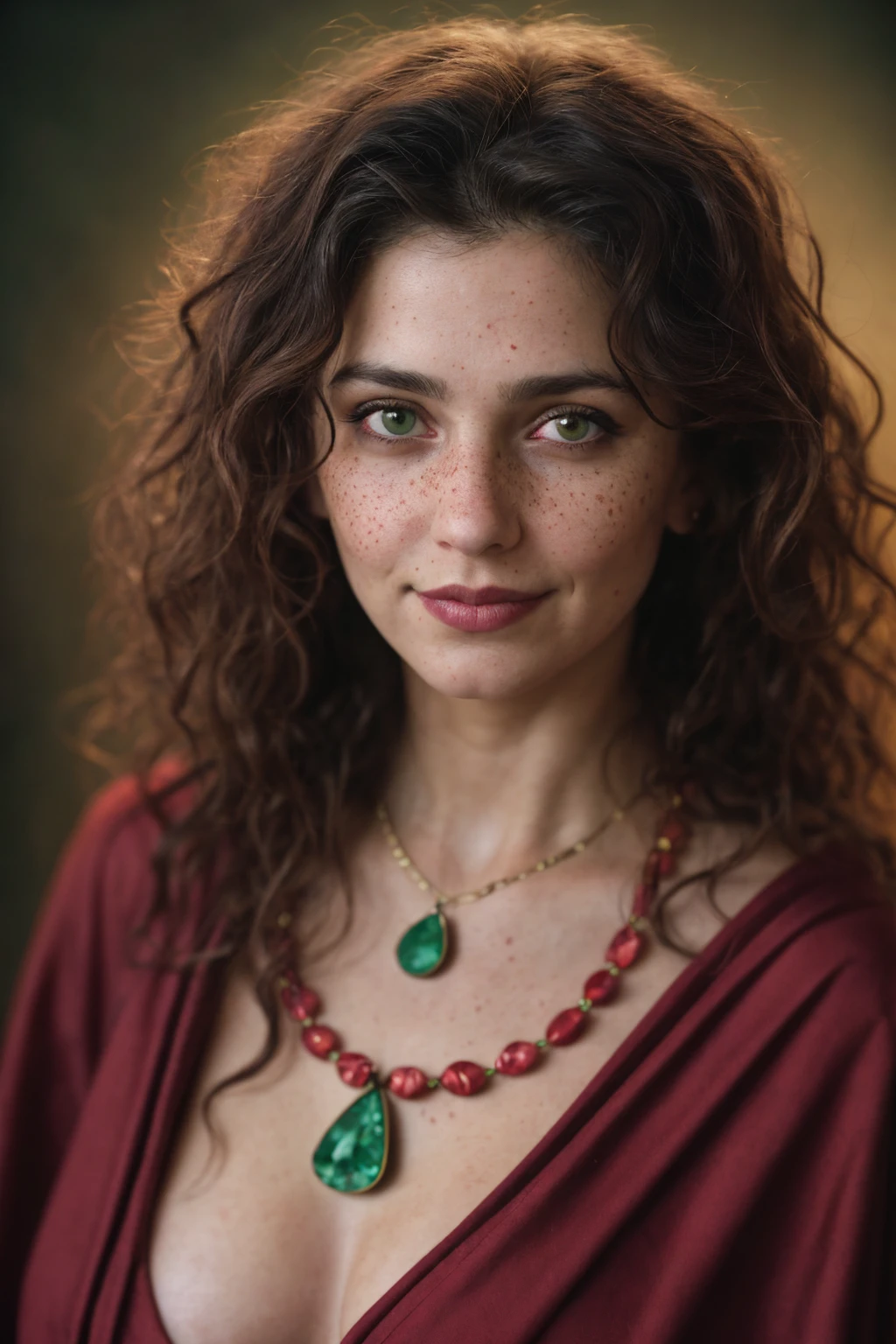 (close-up, editorial photograph of a 30 year old woman), (highly detailed face:1.4) (smile:0.7) (background inside dark, moody, private study:1.3) POV, by lee jeffries, nikon d850, film stock photograph ,4 kodak portra 400 ,camera f1.6 lens ,rich colors, hyper realistic ,lifelike texture, dramatic lighting , cinestill 800, wavy hair, messy hair, curls, Mischievous smirk, Black hair, green eyes, freckles, Crimson Cloak, Purple Robe, Jewels, Necklace, Witchcraft, Red Aura, Sumerian woman, sumerian skin, Sumerian expression, Astral Plane, Scarlet Woman, Babalon, Thelema