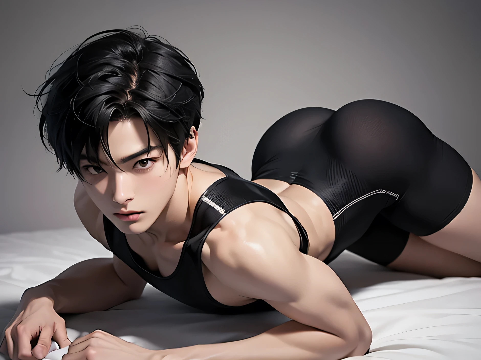 (8K, RAW photos, best qualtiy, tmasterpiece:1.2), (realisticlying, photograph realistic:1.4), illustratio, A high resolution,hexagons,(1boys), Black hair,opulent, rugged skin, (Oval shaped face:1.1), profesional lighting, photon maping, Radio City, physically-based renderingt, Handsome, Sexy masculinity,Wear tight thongusculature,bare full body,massive bulge,A sexy pose