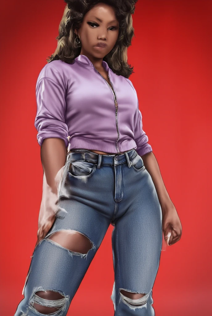 Destini, Create a full-body cartoonish-style from head to feet girl with dark skin in a trendy urban outfit. Include a stylish bomber jacket, ripped jeans, and trendy sneakers. The clear red background should contrast with the chic, city-inspired look."